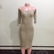 Ladies Beige Fitting Off-shoulder Dress (Size 8-10)