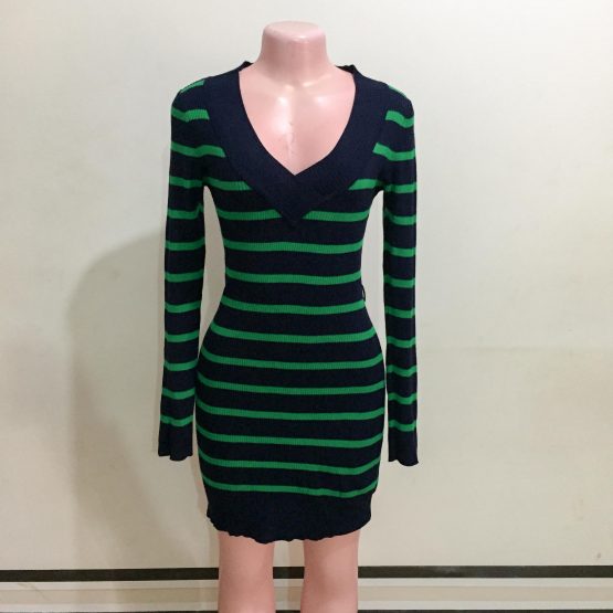 Stretchy Blue-Black with Green Stripes Ladies Party Dress (Size 8&10)